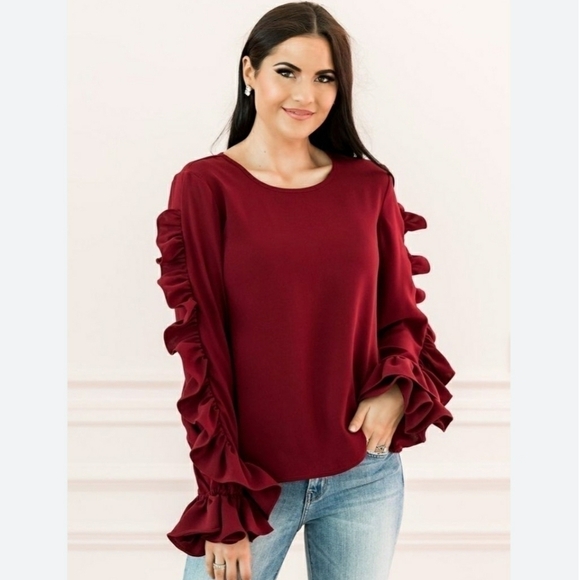 Rachel Parcell 5th Street Blouse Burgundy Red Classy Ruffle Zip Back Womens XXS - Picture 1 of 12